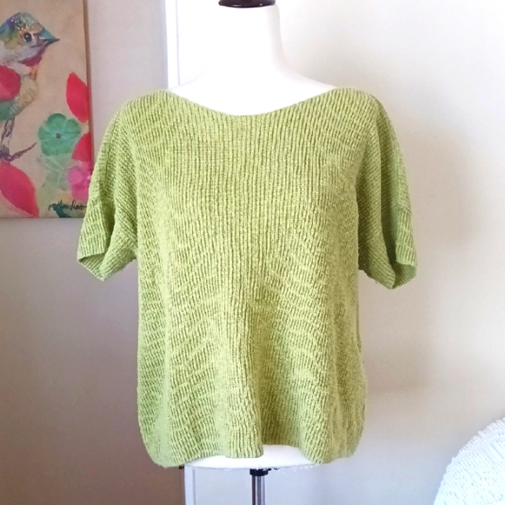 Eileen Fisher Boatneck Sweater Short Sleeve Pullover Linen Green SM